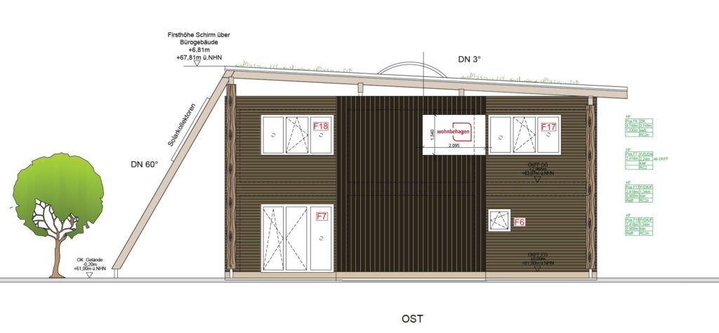 Detailzeichnung Ansicht Neubau Ost|Die tragenden Holzbalken sind verschraubt.