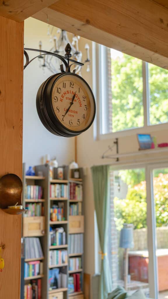 In einem behaglichen, lichtdurchfluteten Fertighaus aus Holz hängt eine nostalgische Doppeluhr an einem Holzbalken. Bücherregal, Kronleuchter und große Fenster mit grünen Vorhängen schaffen wohltuendes Ambiente und laden zum Verweilen ein.