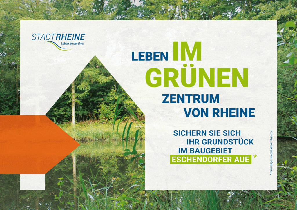 Werbeplaket der Stadt Rheine für ein Baugrundstück an der Eschendorfer Aue.