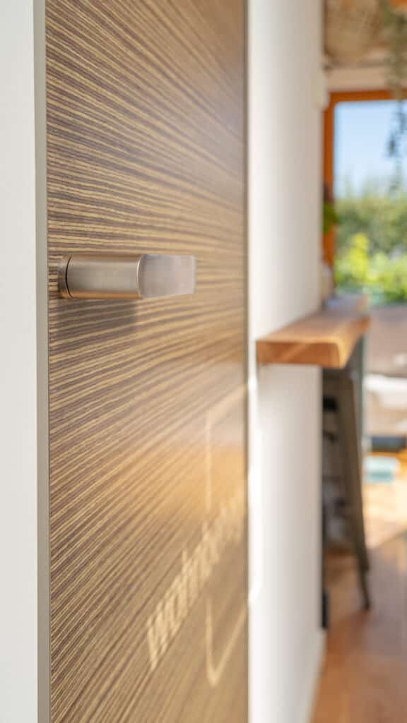 Detailaufnahme einer modernen Holztür mit horizontalem Metallgriff an einer weißen Wand. Im Hintergrund sorgen ein hölzerner Tresen, grüne Pflanzen und Sonnenlicht durch das Fenster für eine behagliche, warme Atmosphäre.