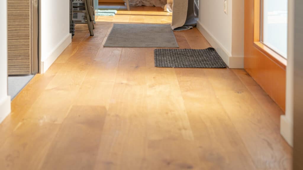 Ein heller Flur mit warmem Holzfußboden und mehreren kleinen Teppichen, durchflutet vom Sonnenlicht, das von rechts hereinfällt. Am Ende des Flurs sorgen Möbel und eine Decke für ein behagliches, einladendes Ambiente.